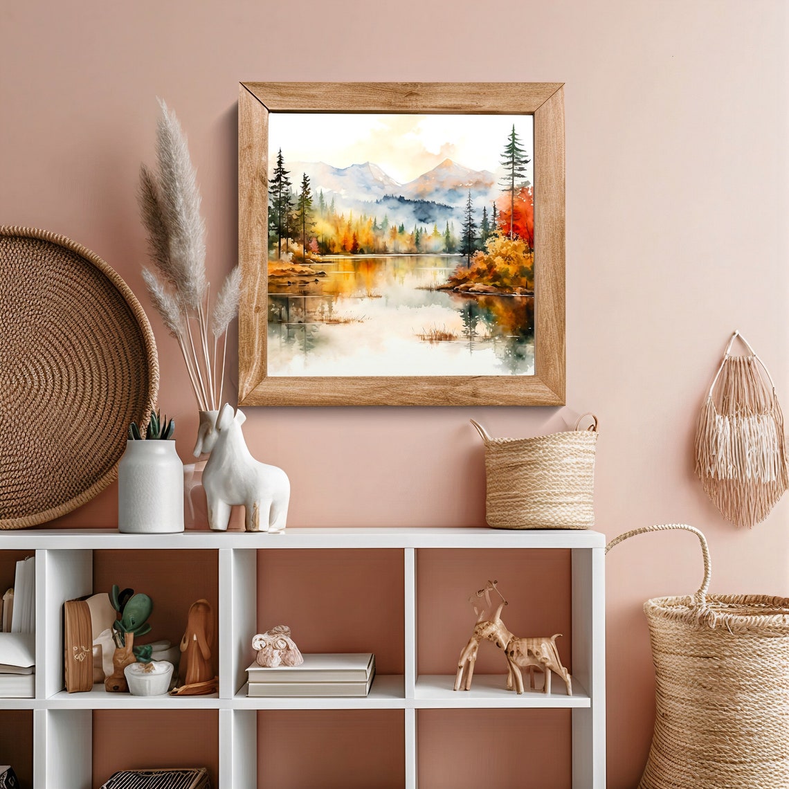 Autumn Lake Golden Foliage Mountain Reflection Watercolor Poster - Image 2