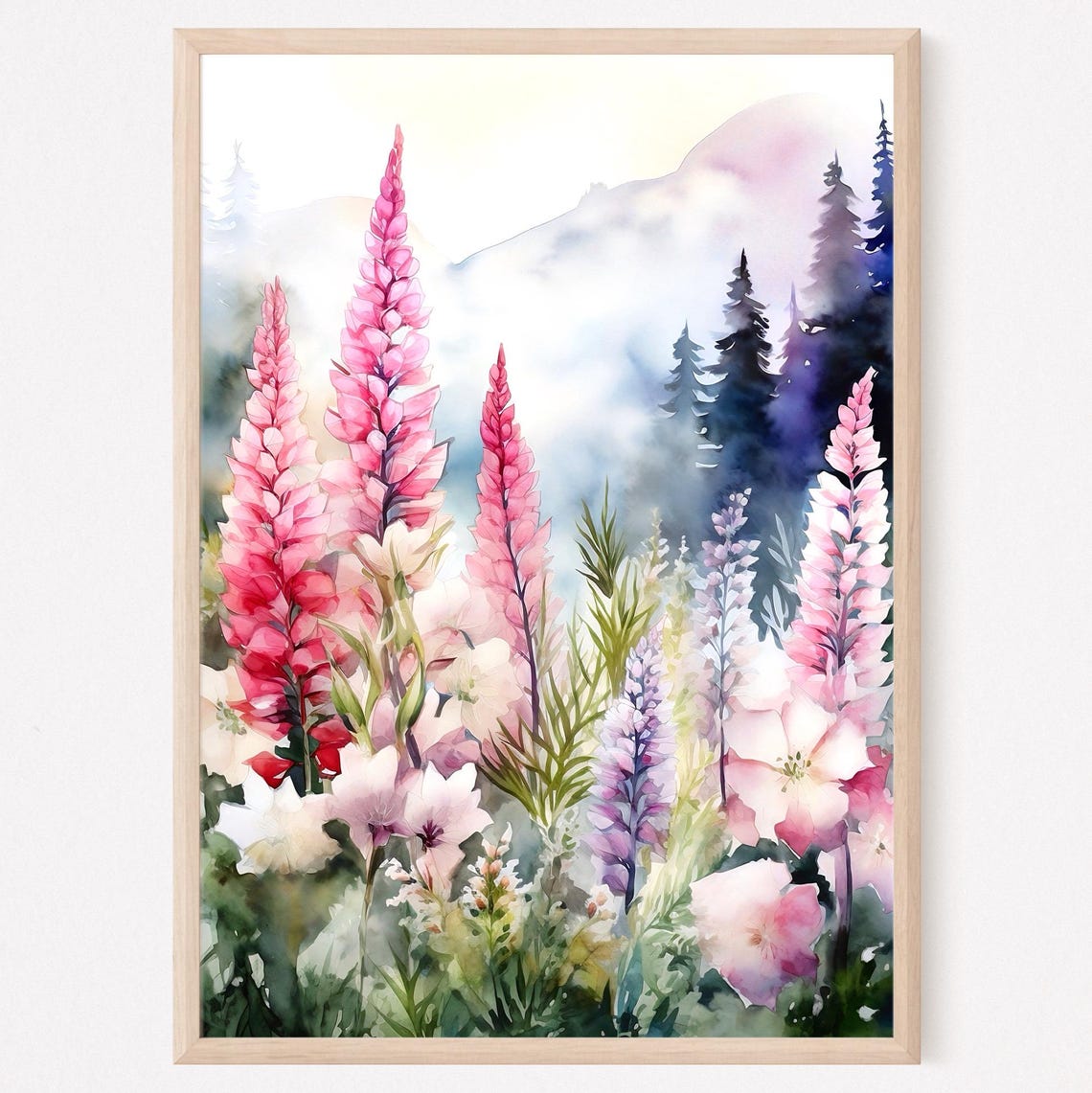 Pink Foxgloves Mountain Meadow Watercolor Wildflower Art Print
