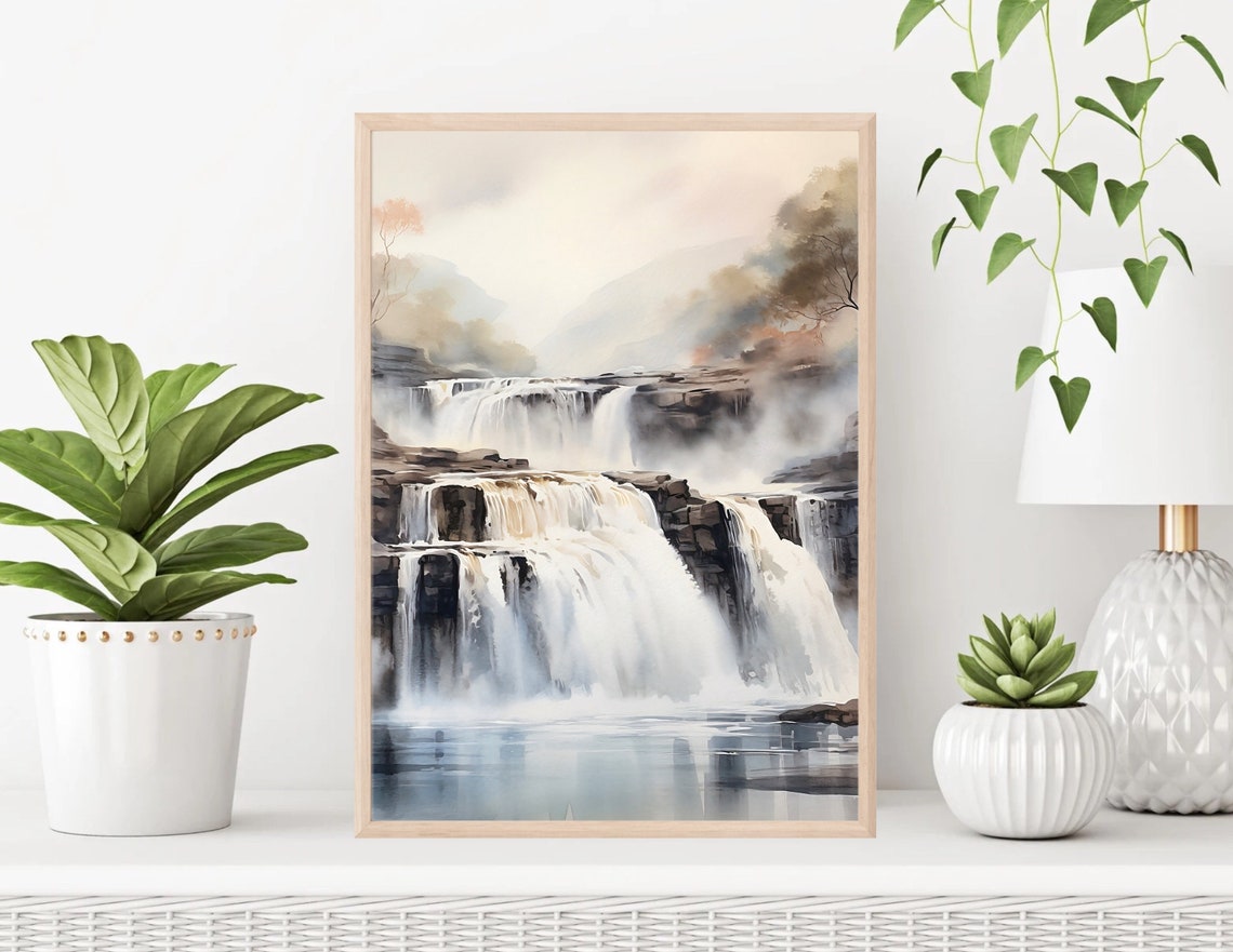 Cascading Waterfall Over Rocks Misty Watercolor Nature Art Poster - Image 3