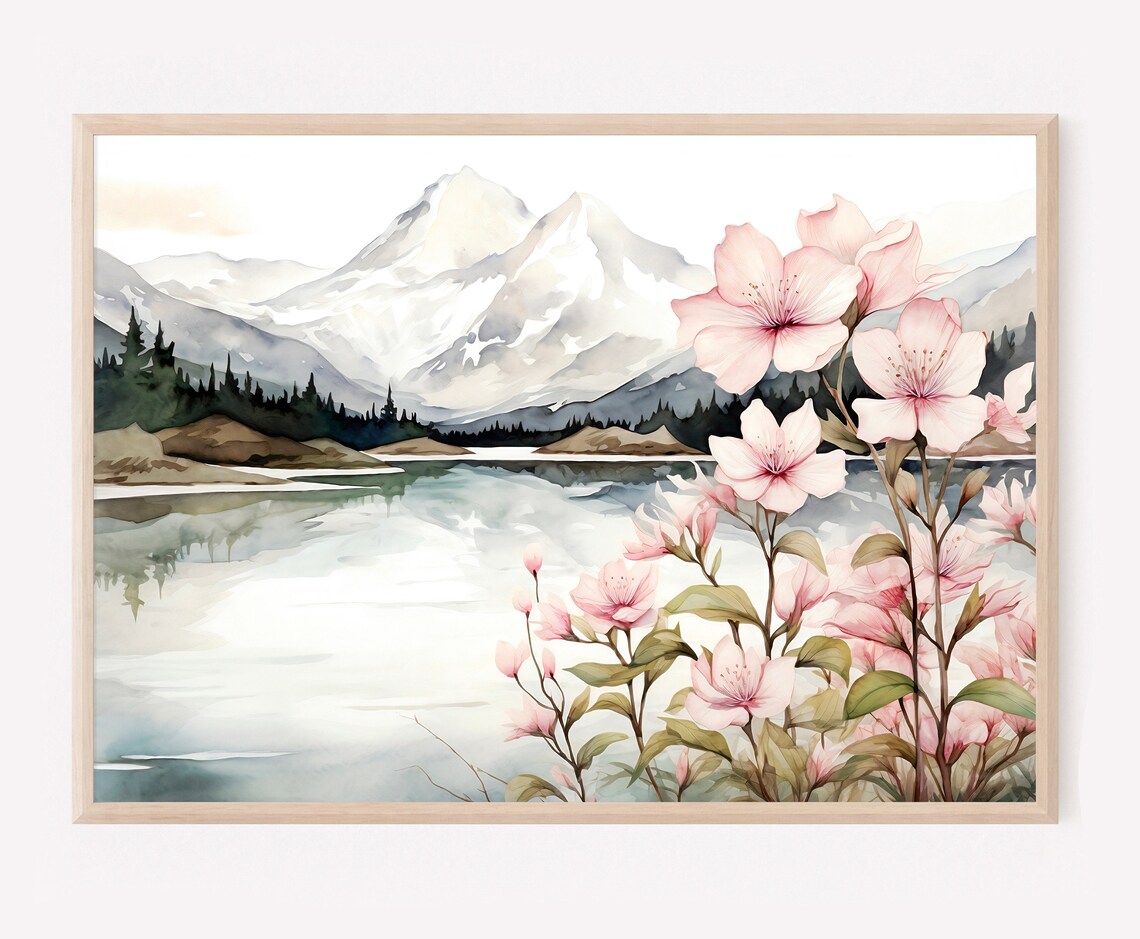 Snowcapped Mountain Lake Pink Blossom Branches Watercolor Poster