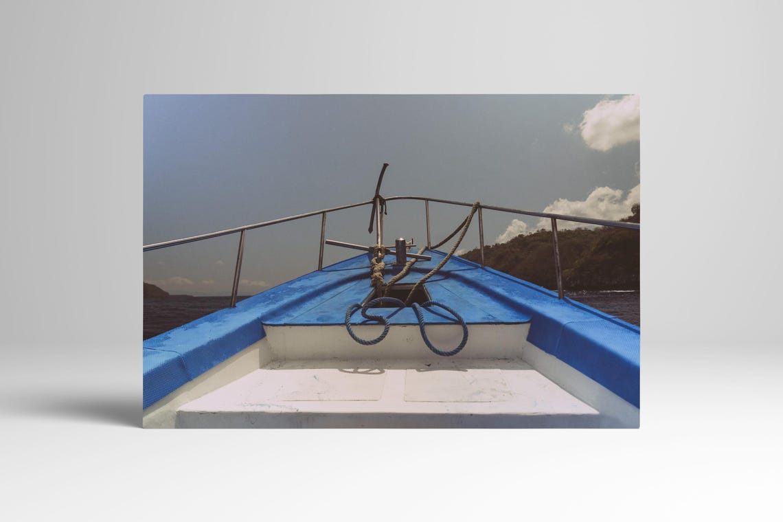 Blue Boat Bow Cutting Through Open Water Nautical Photography Print