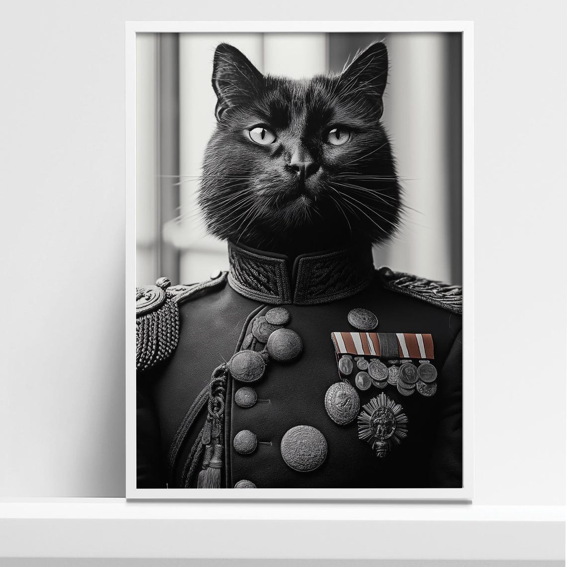 Black Cat General in Military Uniform With Medals Portrait Poster