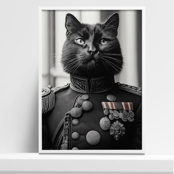 Black Cat General in Military Uniform With Medals Portrait Poster