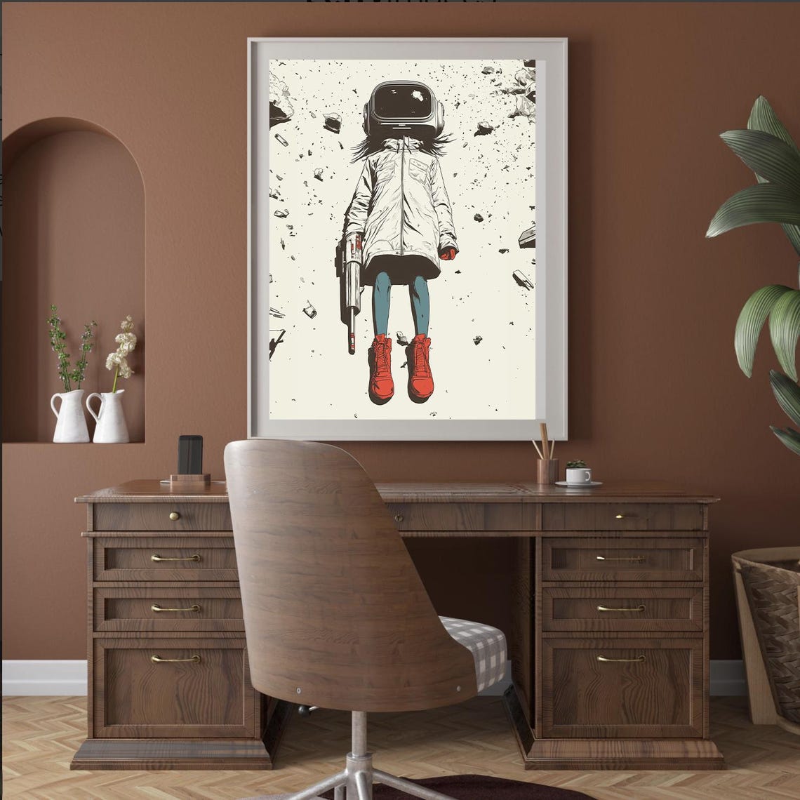 Girl With VR Helmet and Red Boots Floating in Space Debris Poster - Image 3