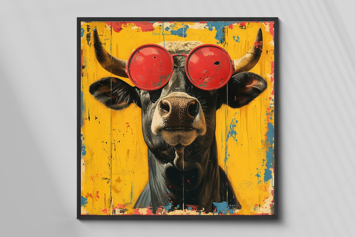 Cool Bull in Red Sunglasses on a Bright Yellow Pop Art Poster