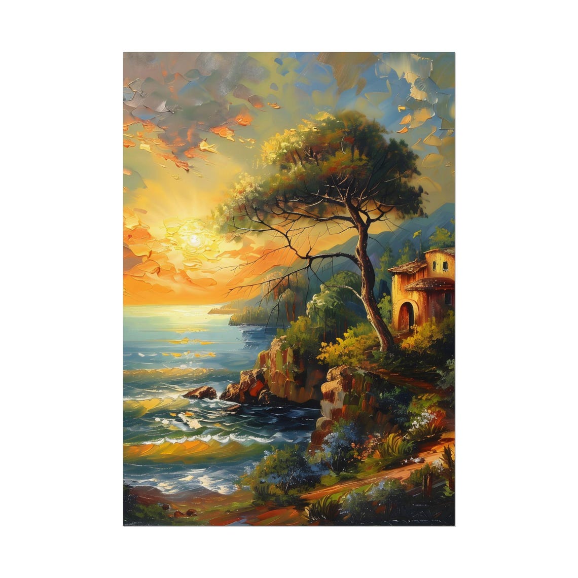 Mediterranean Sunset Over the Sea With Cliffside Villa Poster - Image 2