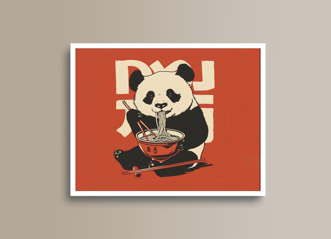 Retro Panda Eating Noodles in Bold Orange Japanese Style Poster - Image 2