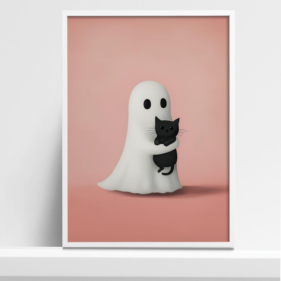 Cute Ghost With Black Cat Halloween Art Print Spooky And Adorable Wall Decor
