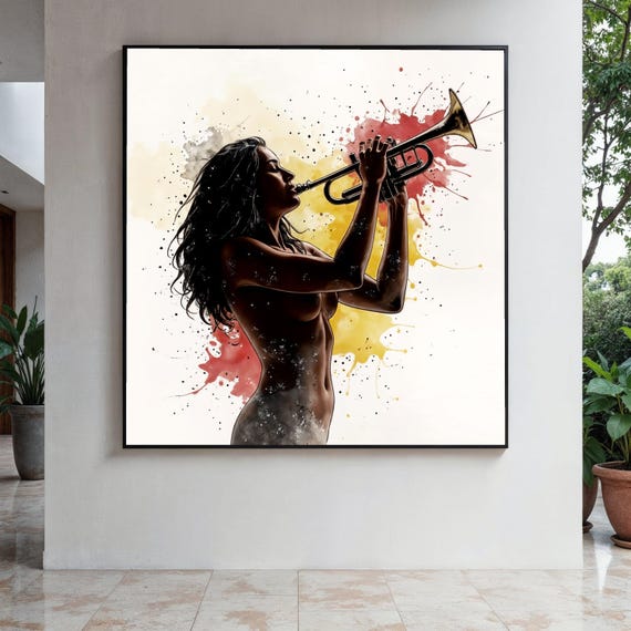 Elegant Woman Playing Trumpet Canvas Abstract Music Art Silhouette Wall Decor Color Splash Illustration Gift Home Print