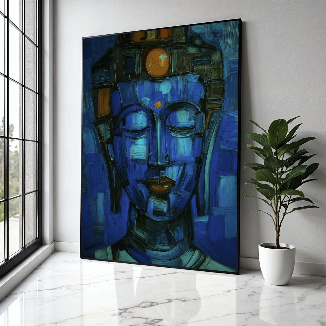 Abstract Blue Buddha Face Bold Impasto Brushstroke Zen Poster