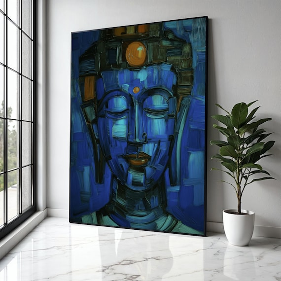 Abstract Blue Buddha Face Bold Impasto Brushstroke Zen Poster
