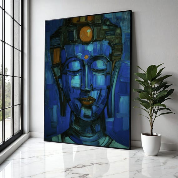 Abstract Blue Buddha Face Canvas Spiritual Wall Art Meditation Decor Modern Zen Painting Tranquil Gift Home Print
