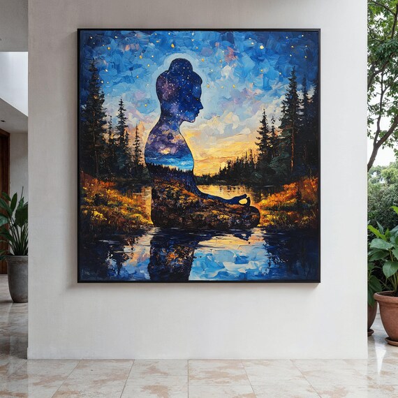 Meditating Buddha Starry Sky Pine Lake Sunset Art Style Poster