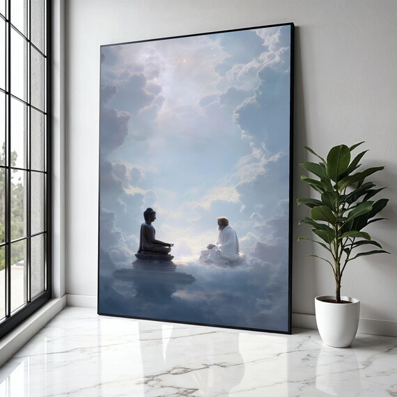 Buddha And Sage Meditating Together In Heavenly Clouds Poster