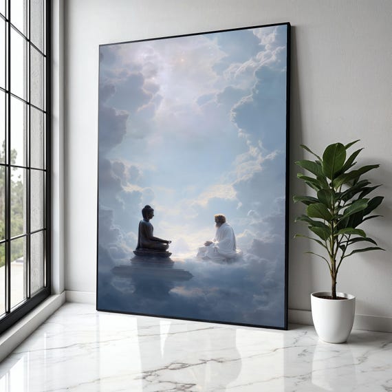 Spiritual Enlightenment Canvas Buddha And Sage Meditation Art Mystical Cloudscape Wall Decor Zen Gift Home Print