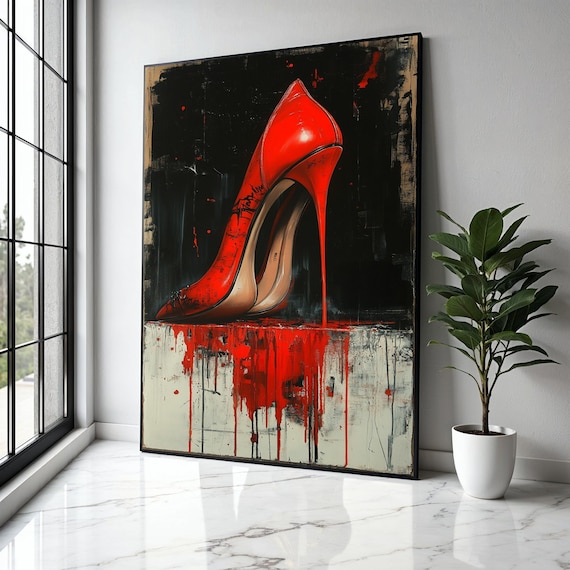 Red Stiletto High Heel Graffiti Art Black Background Shoe Poster