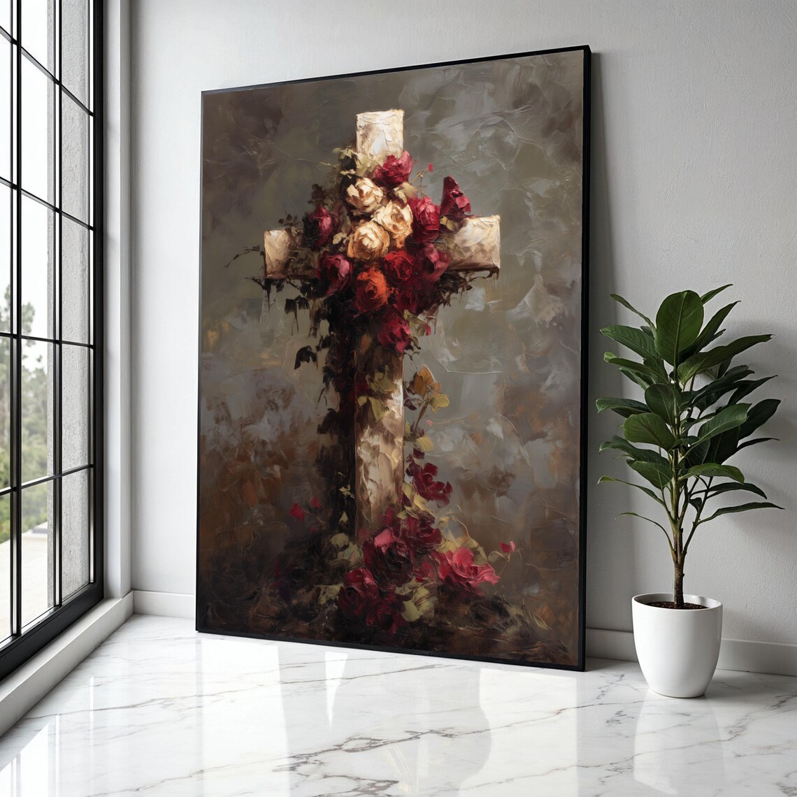 Rustic Floral Cross Vintage Red Roses Christian Faith Poster