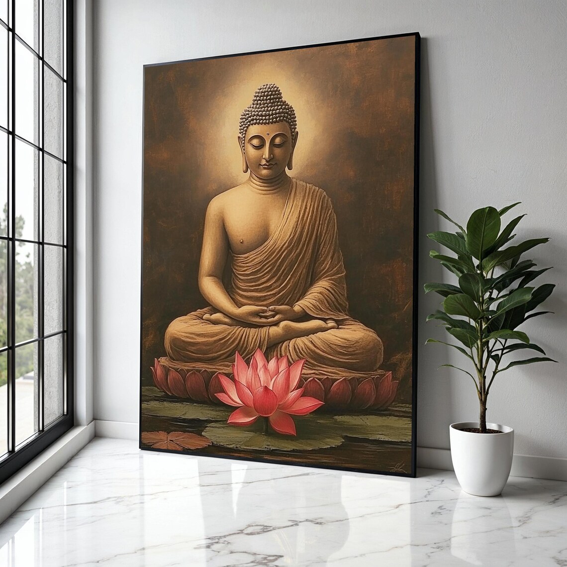 Serene Buddha Lotus Throne Pink Flower Warm Bronze Spiritual Art Poster