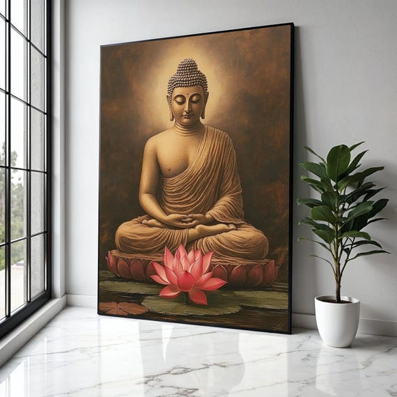 Meditative Buddha Sitting Canvas Flower Wall Art Spiritual Home Decor Tranquil Statue Painting Gift Print
