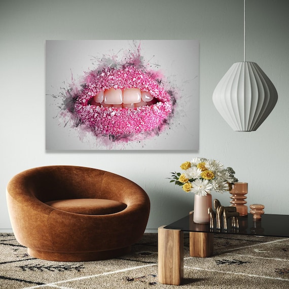 Pink Glitter Lips Smile Watercolor Splash Glamour Beauty Print