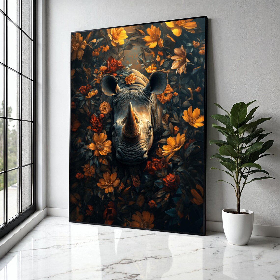 Majestic Rhino Portrait, Floral Wildlife Painting