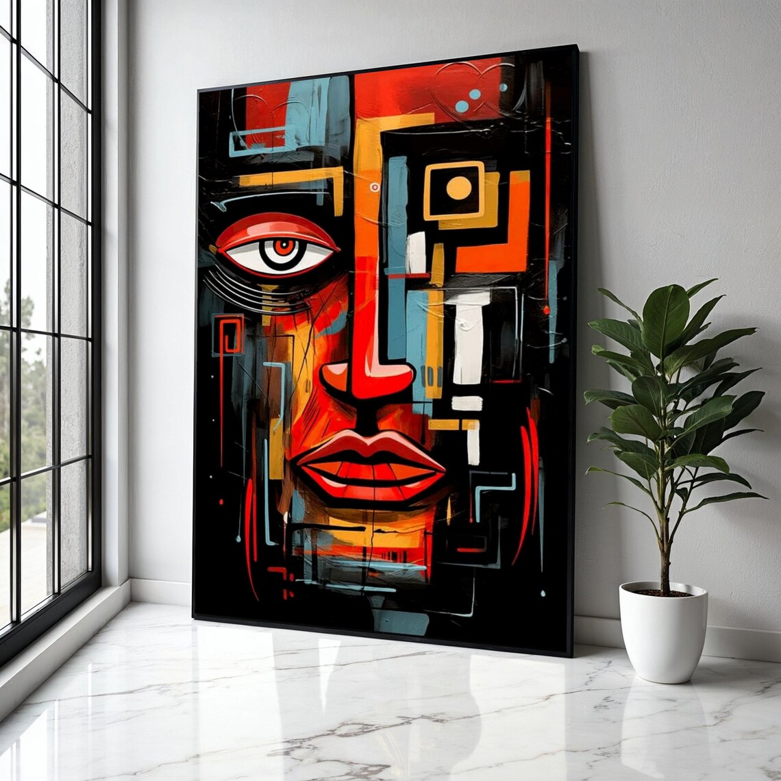 Cubist Abstract Face Red Orange Blue Geometric Modern Art Poster