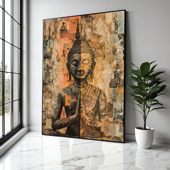 Split Buddha Statue Stone and Gold Tattoo Collage Art Poster