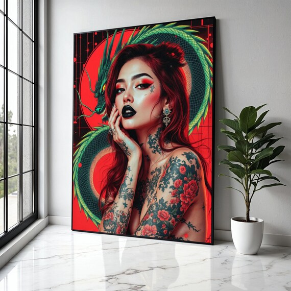 Japanese Dragon And Tattooed Woman Canvas Bold Red Background Wall Art Ink Style Modern Oriental Gift Home Decor Print