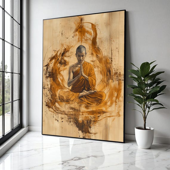 Meditating Buddhist Monk Canvas Wall Art Spiritual Home Decor Zen Meditation Artwork Tranquil Mindfulness Gift Print