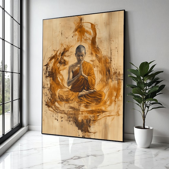 Young Monk Praying in Orange Robe Amber Brushstroke Art Poster
