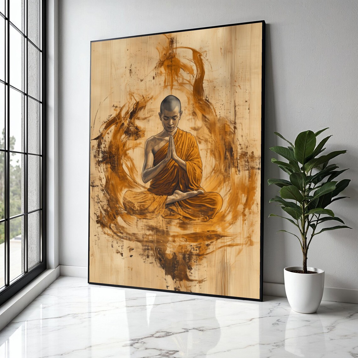 Young Monk Praying in Orange Robe Amber Brushstroke Art Poster
