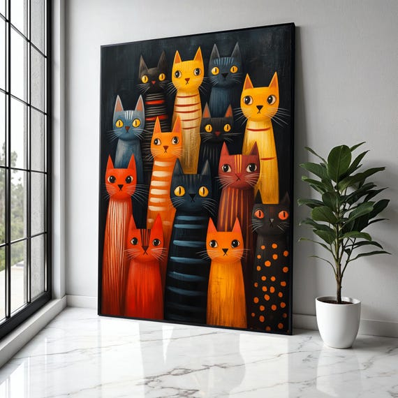 Colorful Cats Gathering Canvas Whimsical Feline Art Modern Cat Wall Decor Playful Animal Painting Cute Kitty Gift Home Print