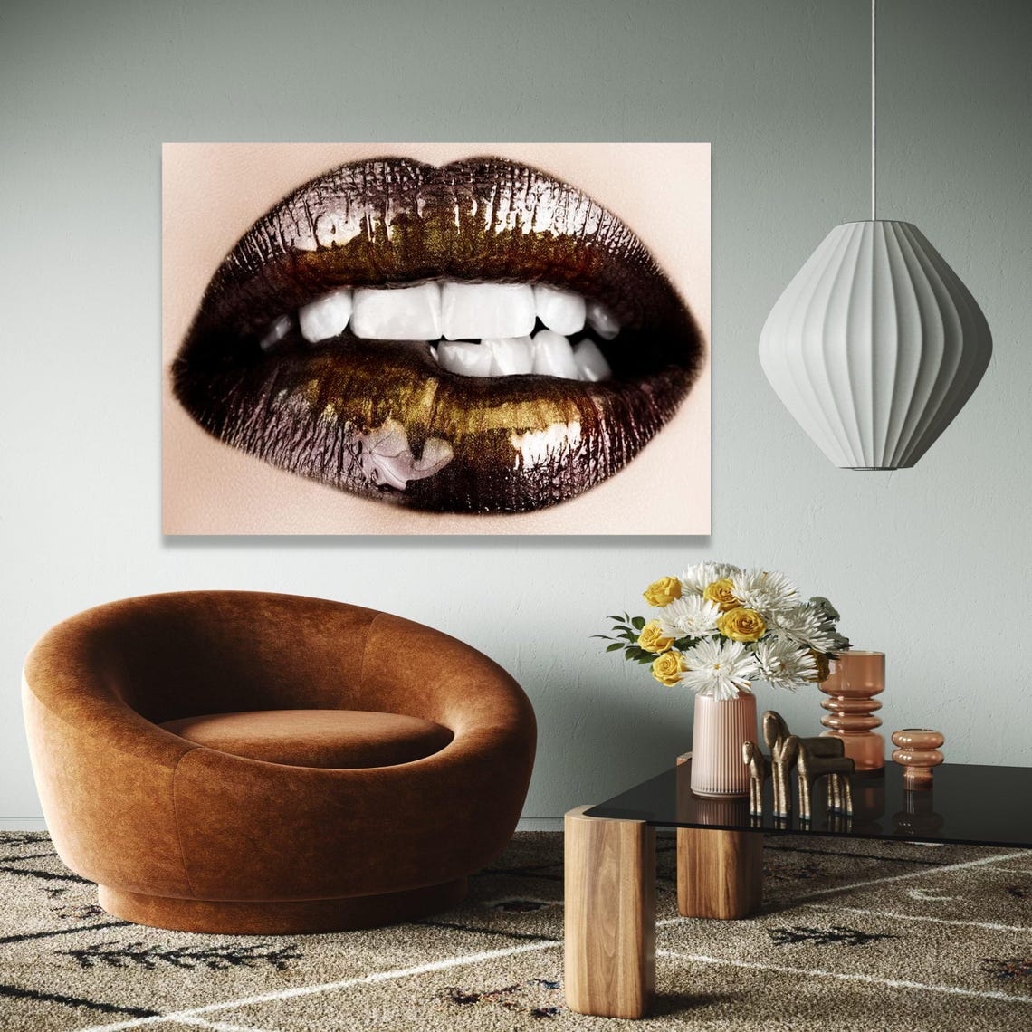 Glossy Black Gold Lips Close Up Modern Makeup Beauty Art Poster