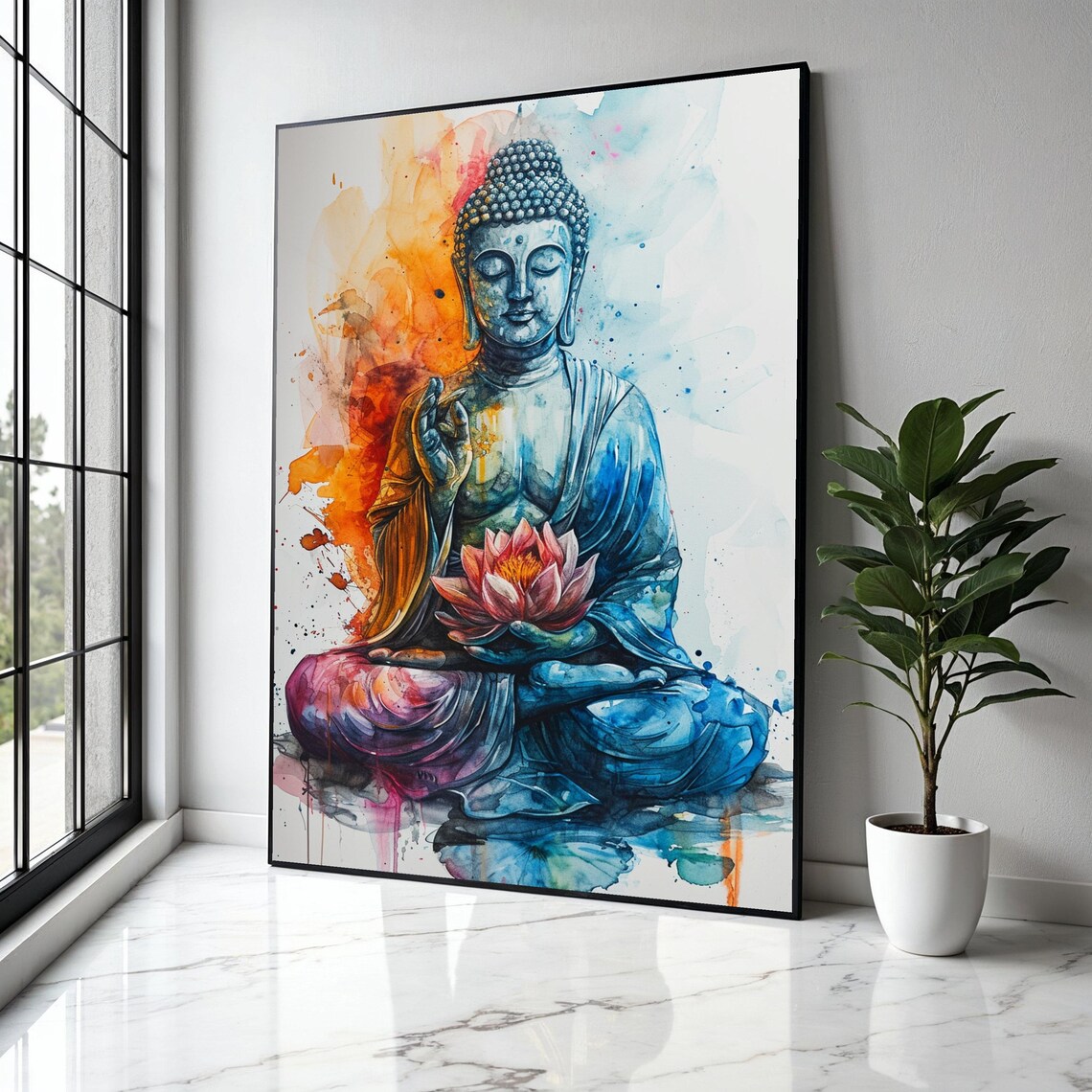 Blue Watercolor Buddha Holding Lotus Orange Splash Art Poster