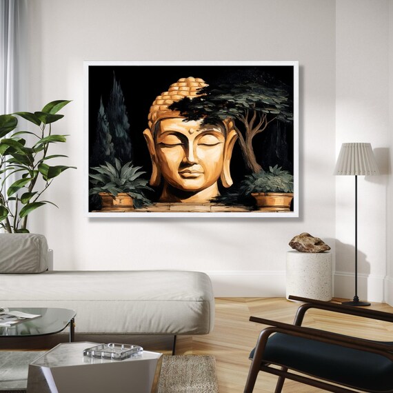 Golden Buddha Head In Dark Forest With Potted Plants Zen Poster