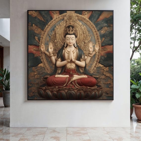 Meditative Buddha Statue Canvas Spiritual Wall Art Asian Zen Decor Golden Background Calm Meditation Gift Home Print