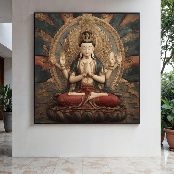 Multi-Armed Goddess Lotus Throne Golden Mandala Spiritual Poster