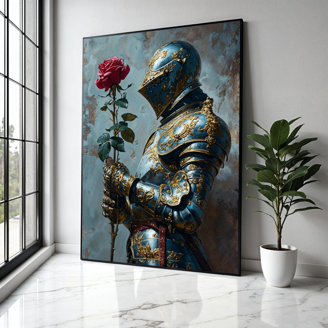 Blue Gold Knight Armor Red Rose Medieval Romance Ornate Poster