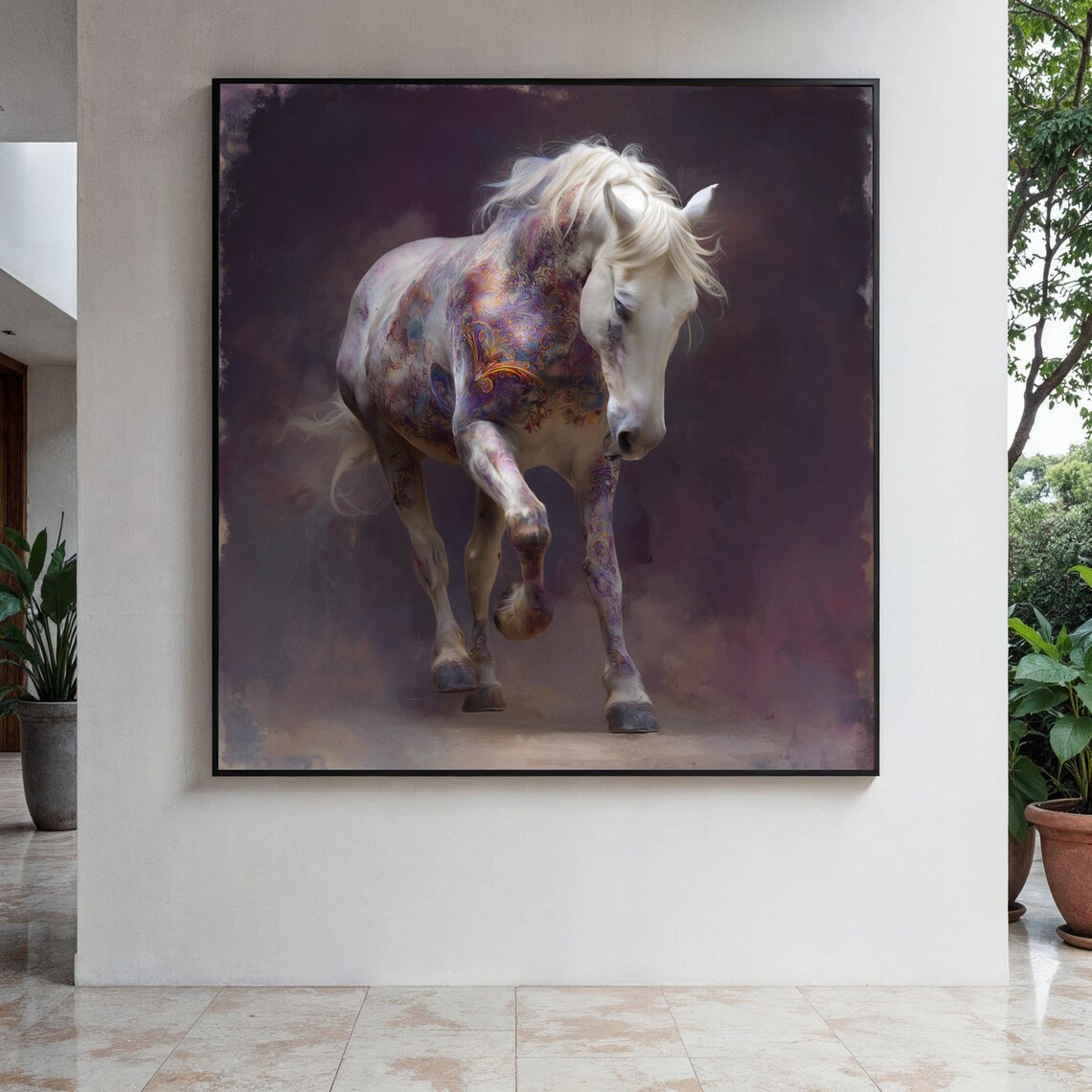 White Horse Floral Paisley Patterns Dark Mystic Running Art Poster