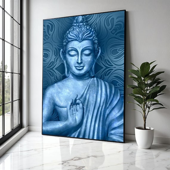 Blue Buddha Statue Blessing Gesture Swirling Blue Mandala Zen Art Poster