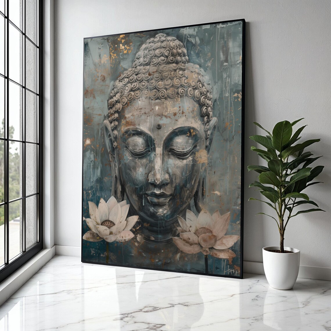 Serene Buddha Face Lotus Blossoms Distressed Stone Blue Art Poster