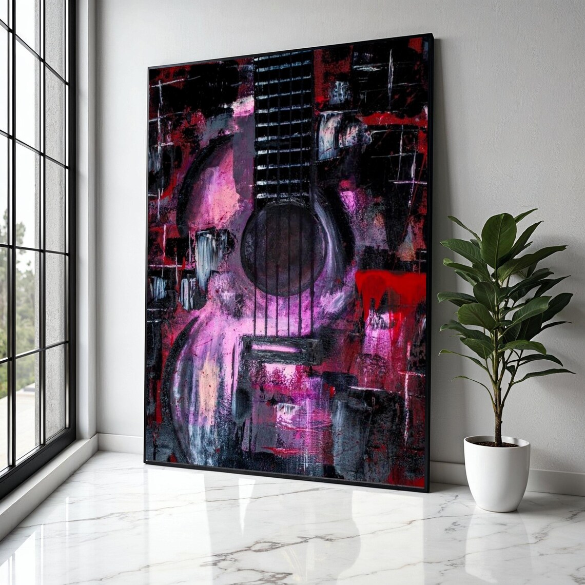 Abstract Purple Guitar Painting Dark Grunge Music Wall Poster