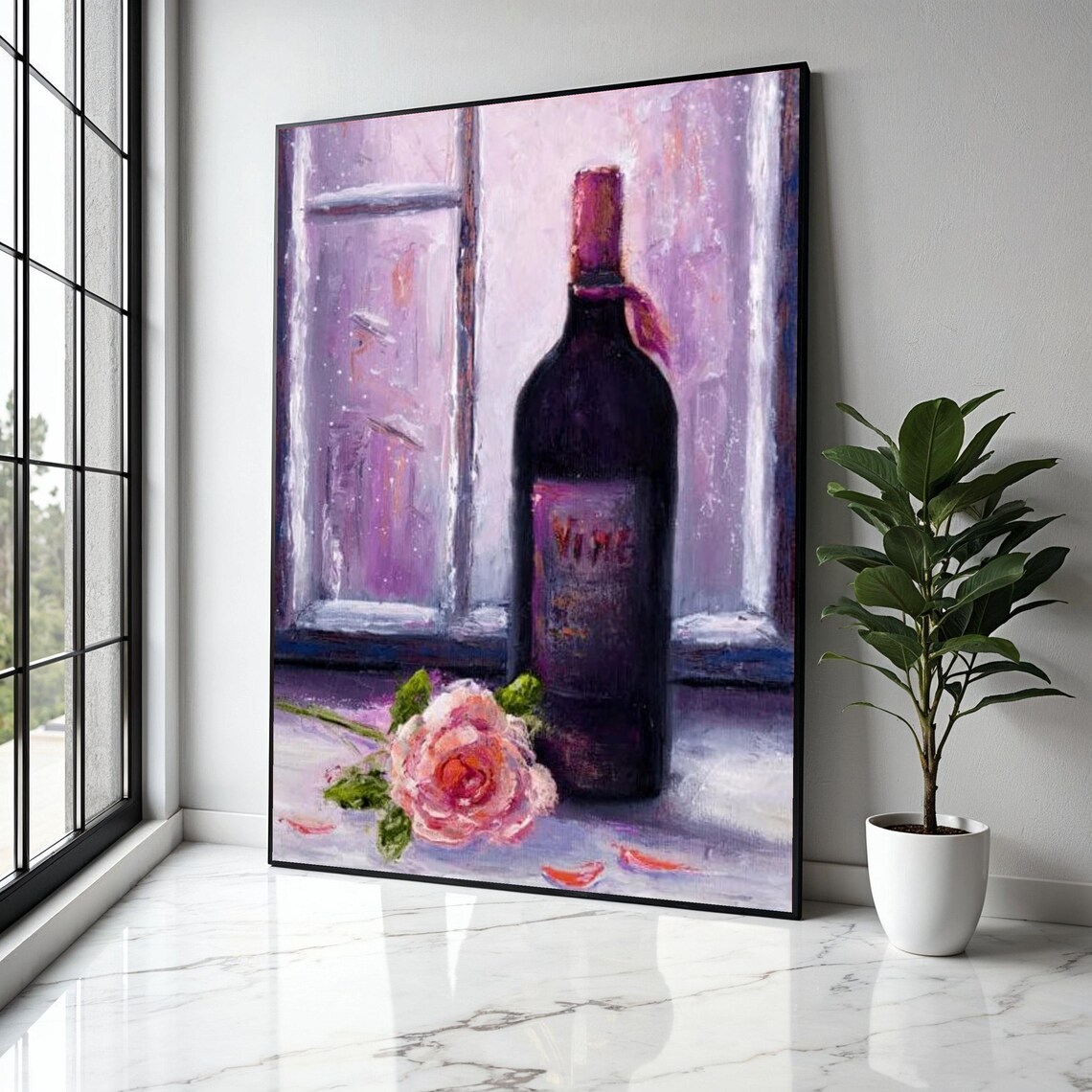 Wine Bottle Pink Rose Still Life Purple Window Romantic Poster