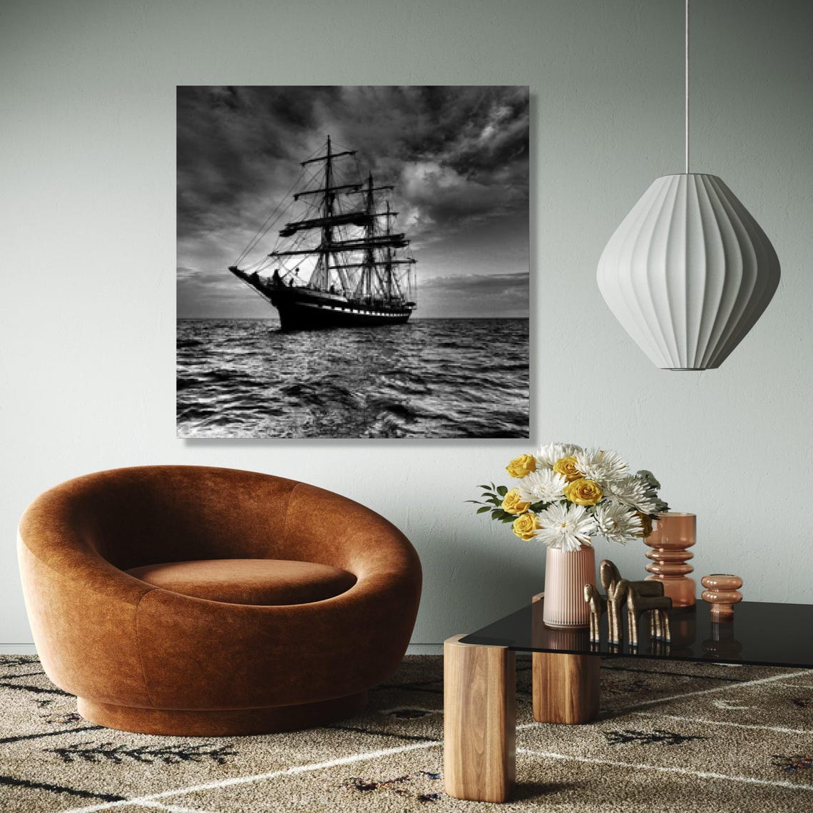 Tall Ship Sailing Stormy Sea Black White Nautical Photo Poster
