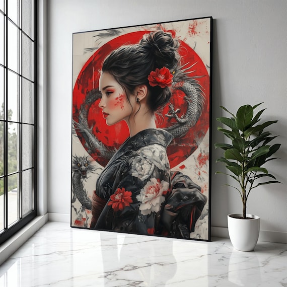 Asian Woman Portrait Canvas Wall Art Red Dragon And Floral Kimono Japanese Geisha Style Painting Oriental Gift Home Decor Print