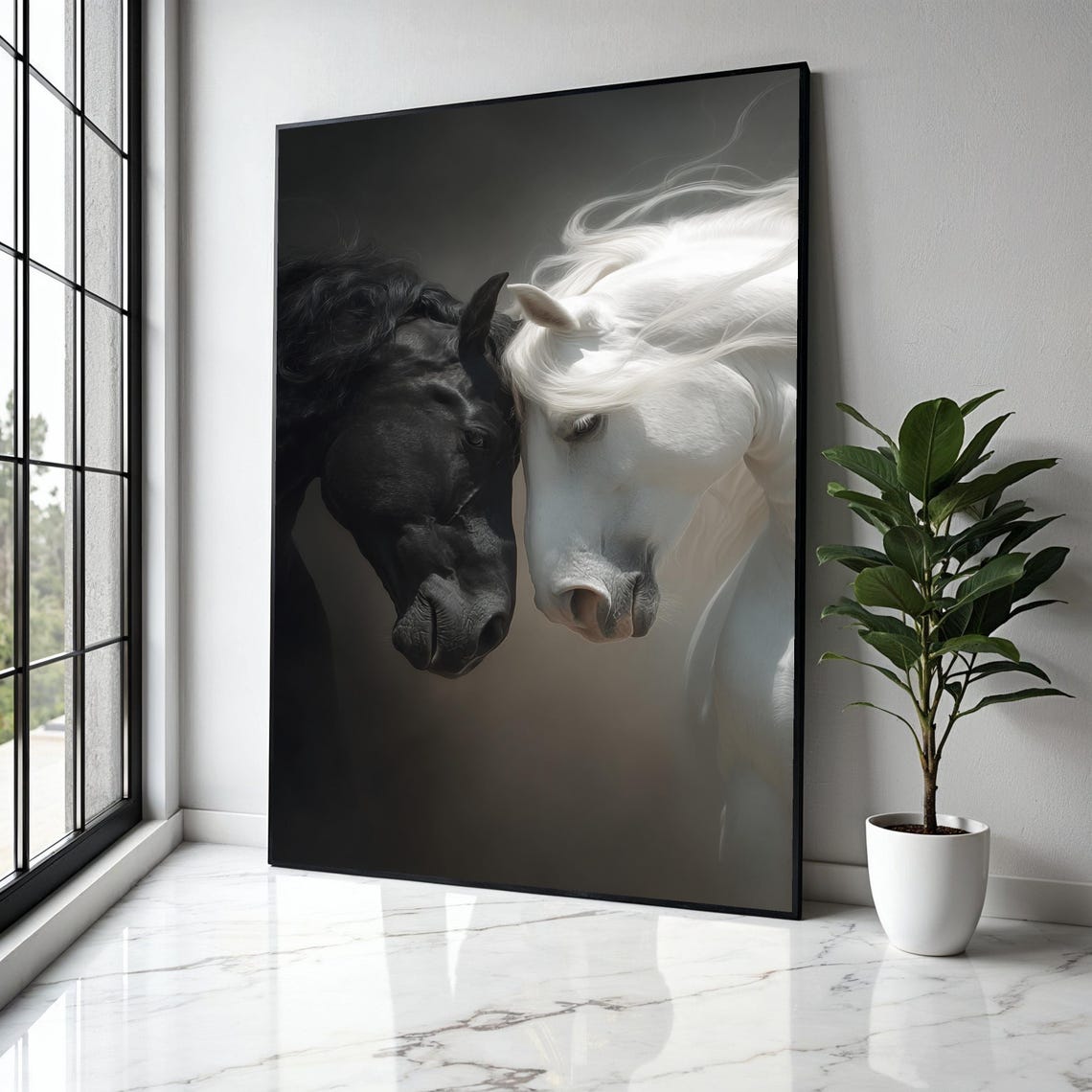 Black And White Horses Nuzzling Dramatic Equine Portrait Poster