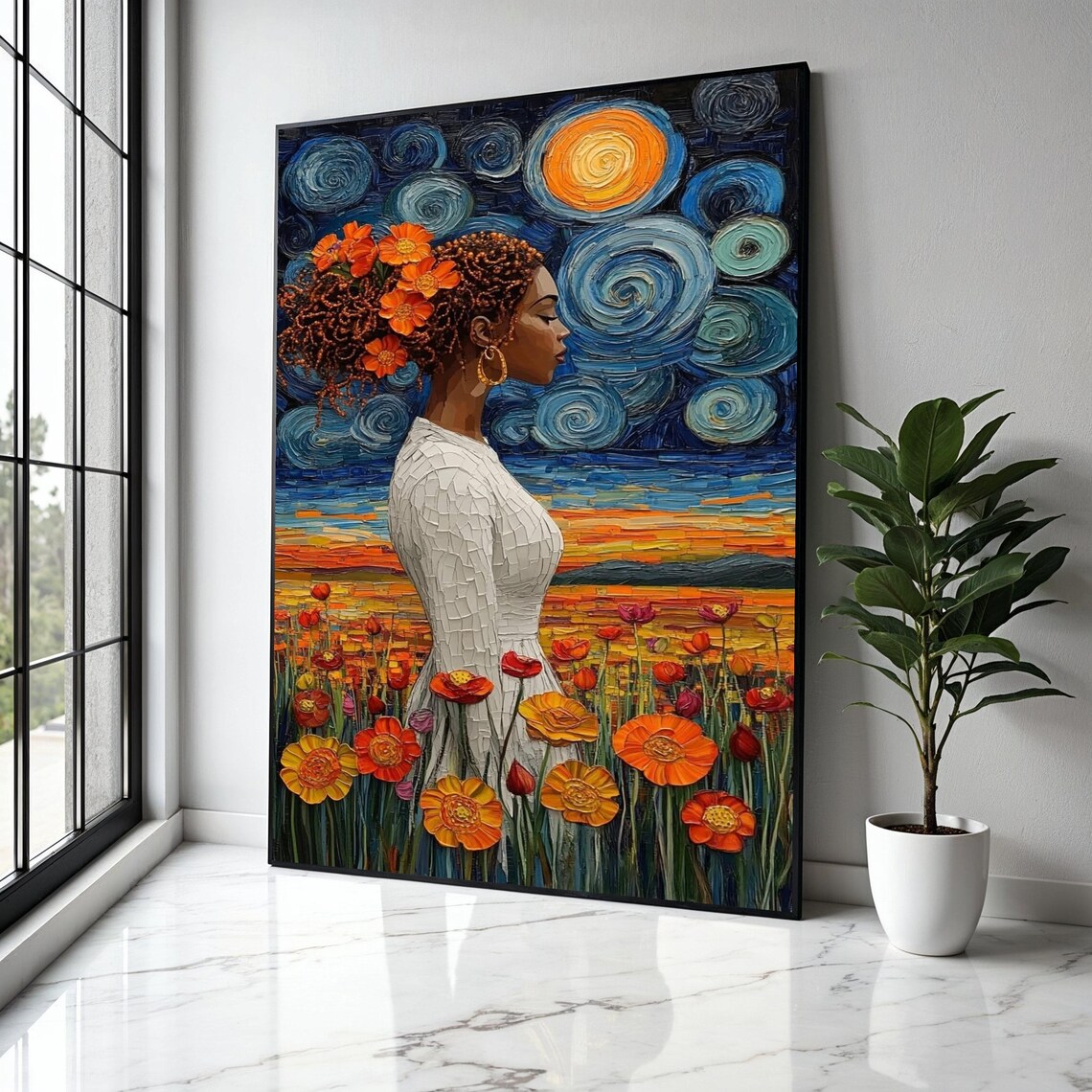 African Woman Against A Starry Night Sky In A Poppy Field Art Poster
