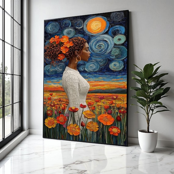Elegant African Woman Canvas Floral Hair Art Starry Night Sky Vibrant Sunset Field Colorful Flower Gift Home Decor Print