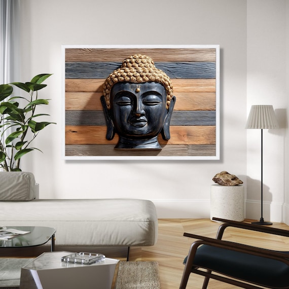 Black Gold Buddha Head Striped Wood Plank Background Rustic Zen Poster