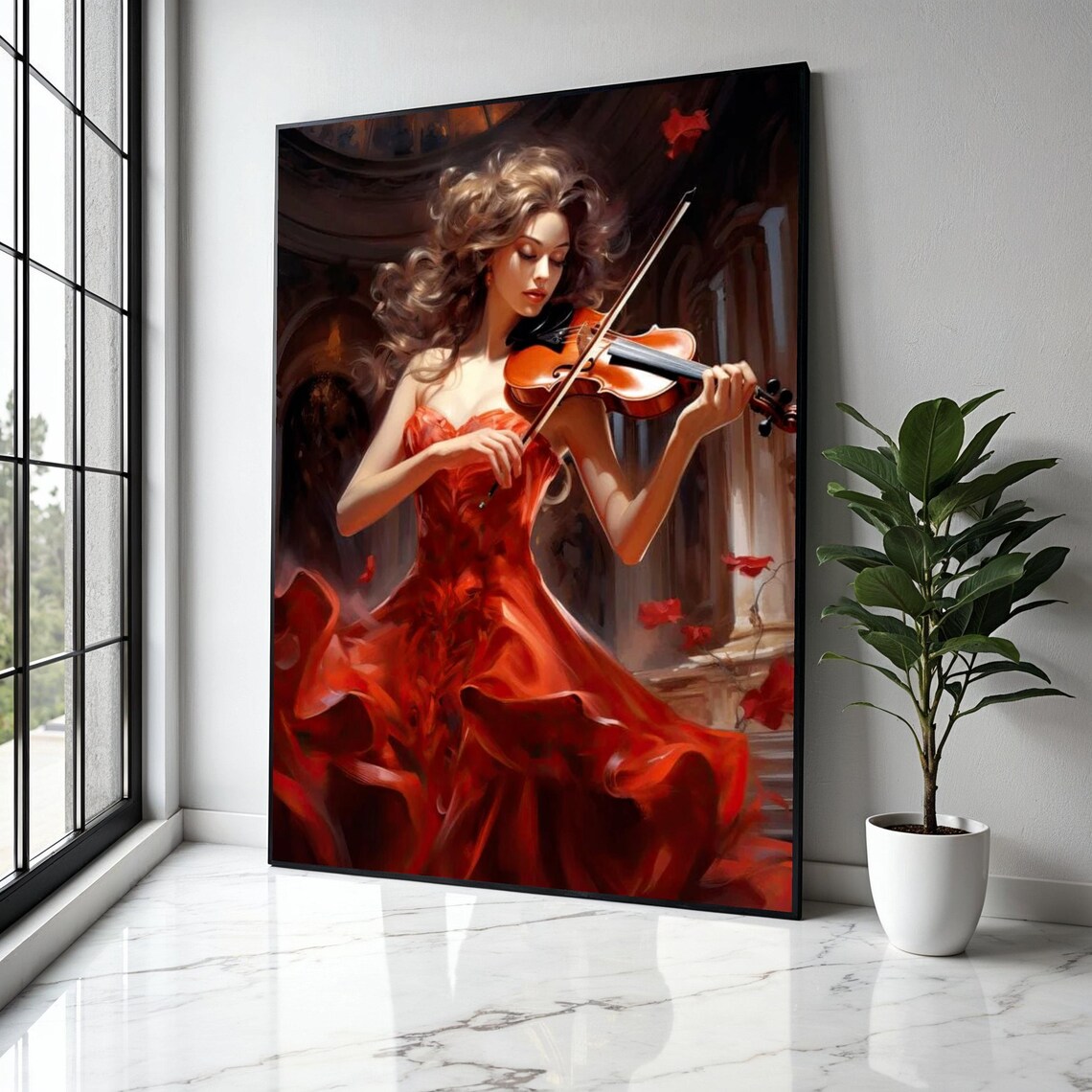 Violinist In Flowing Red Gown Performing In Grand Hall Poster